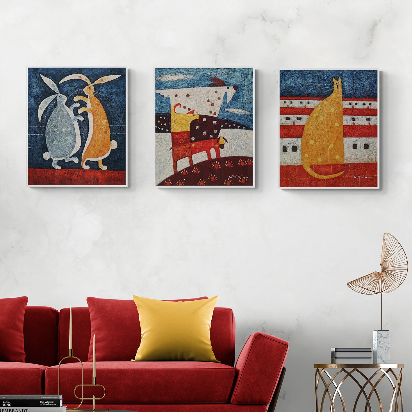 Kinder-Triptychon Gemälde Tiere 50x60 cm [3 Stück]