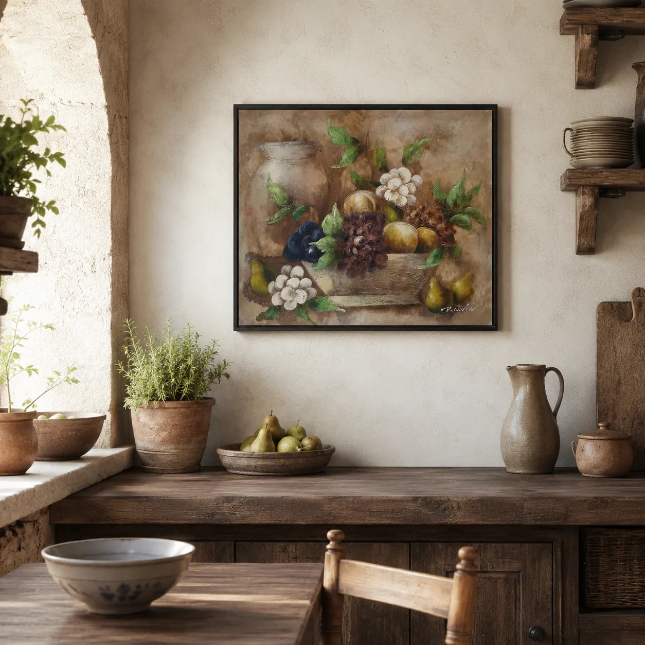 Cuadro bodegón frutas y jarra al óleo 60x50 cm en cocina rústica con marco negro