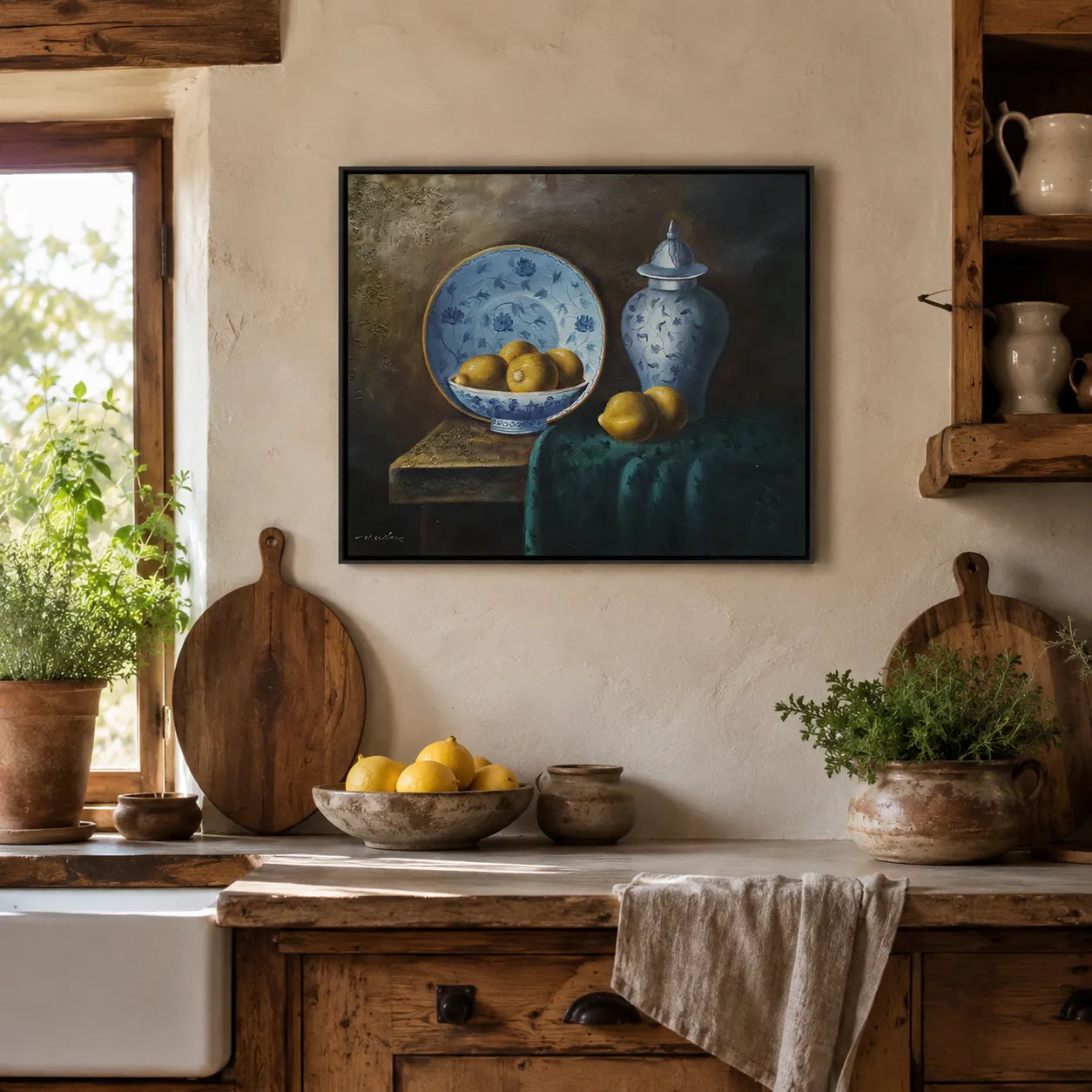 Cuadro bodegón limones y cerámica azul al óleo 60x50 cm en cocina rústica