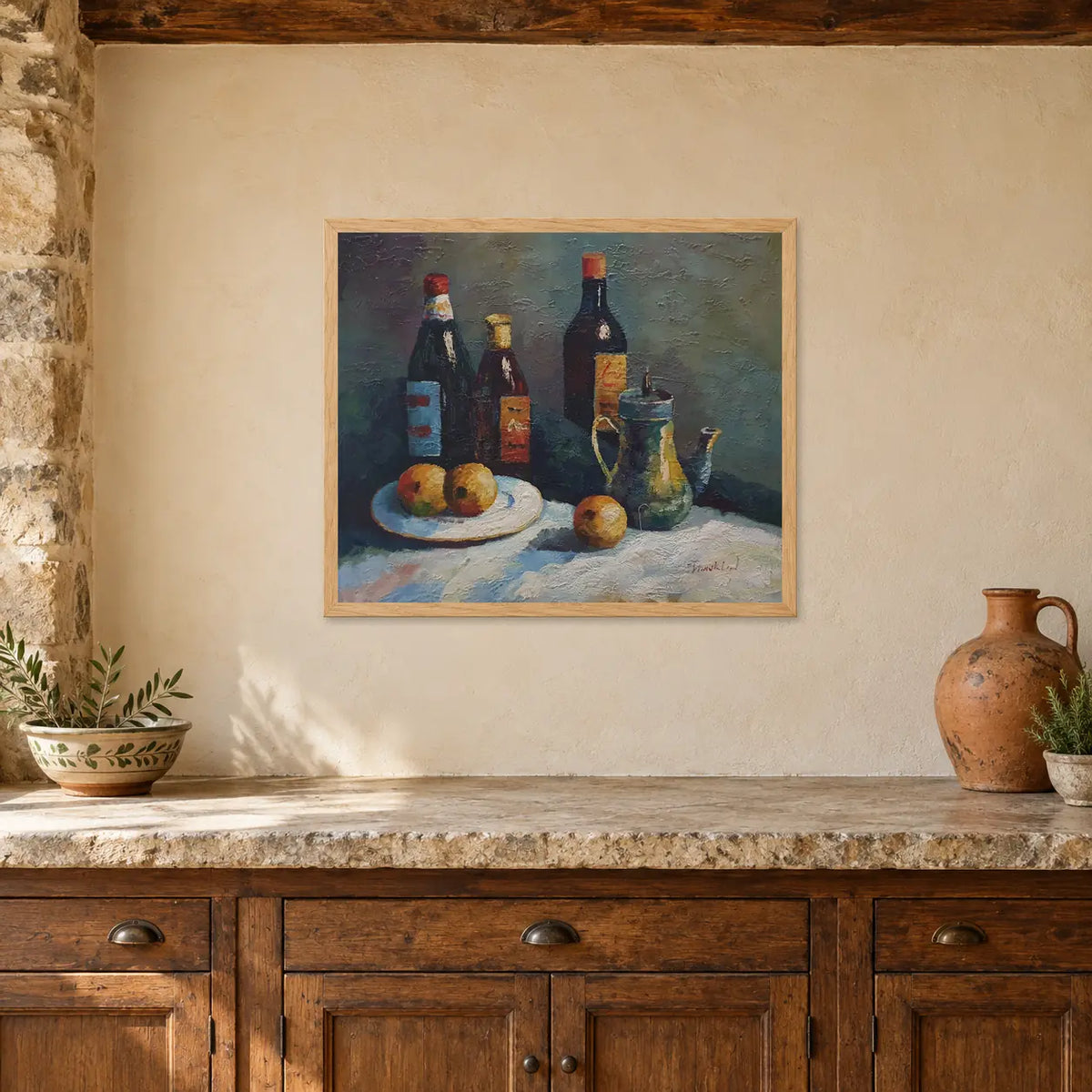 Handgemaltes Ölgemälde eines Flaschenstilllebens 60 × 50 cm