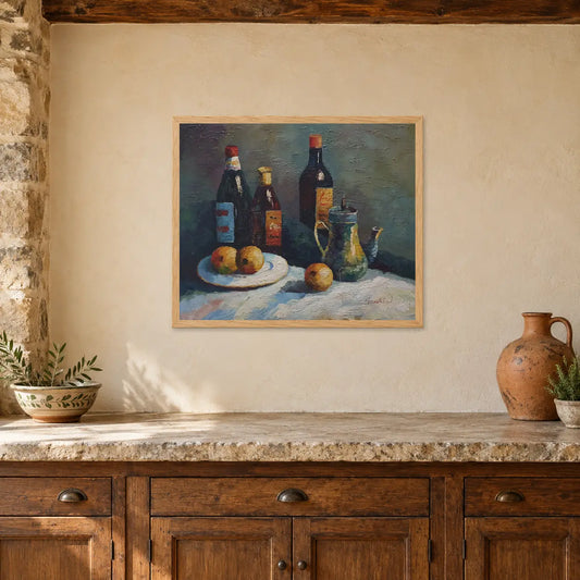 Hand-painted oil still life of bottles 60 × 50 cm