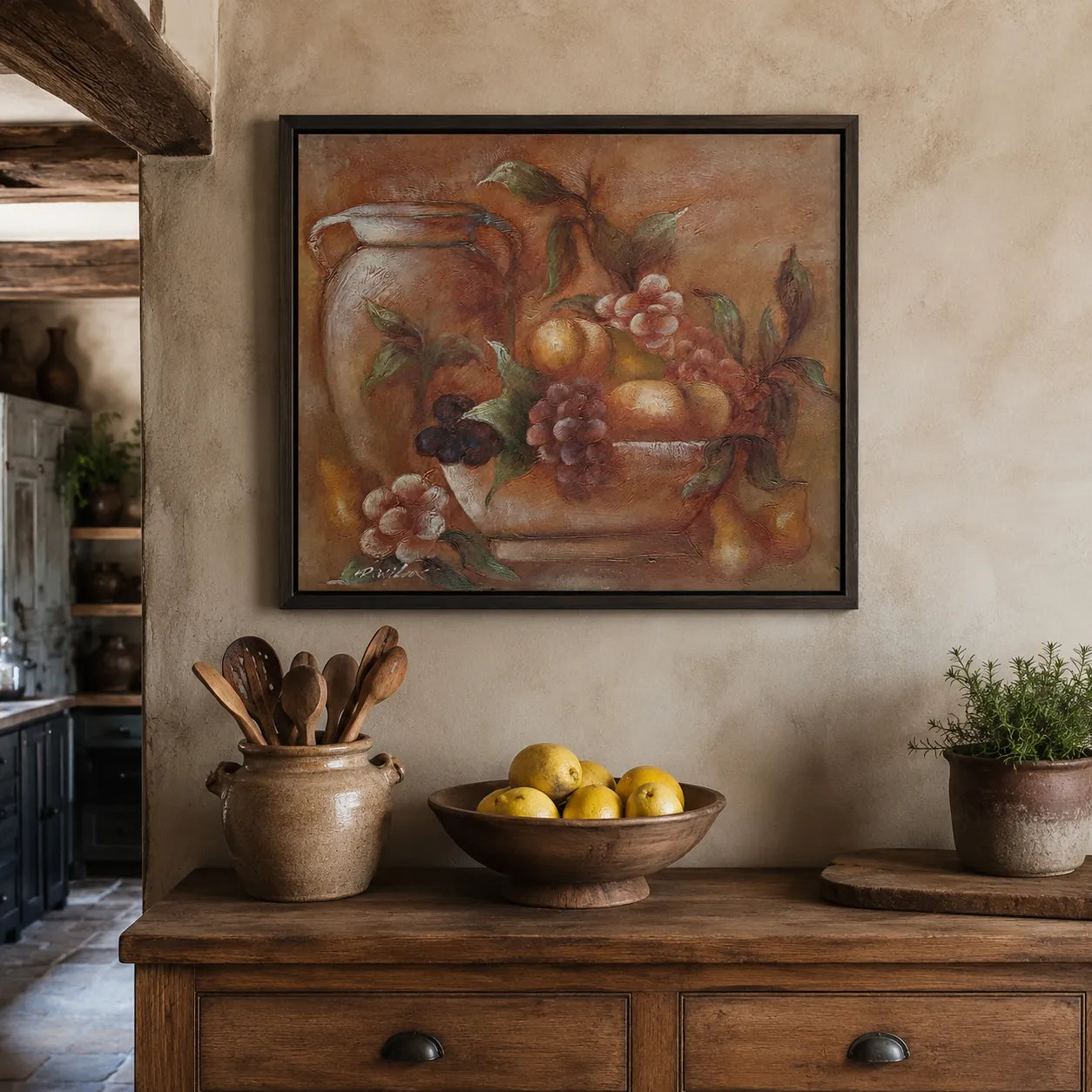 Cuadro bodegón óleo 60x50 cm en cocina rústica con marco negro