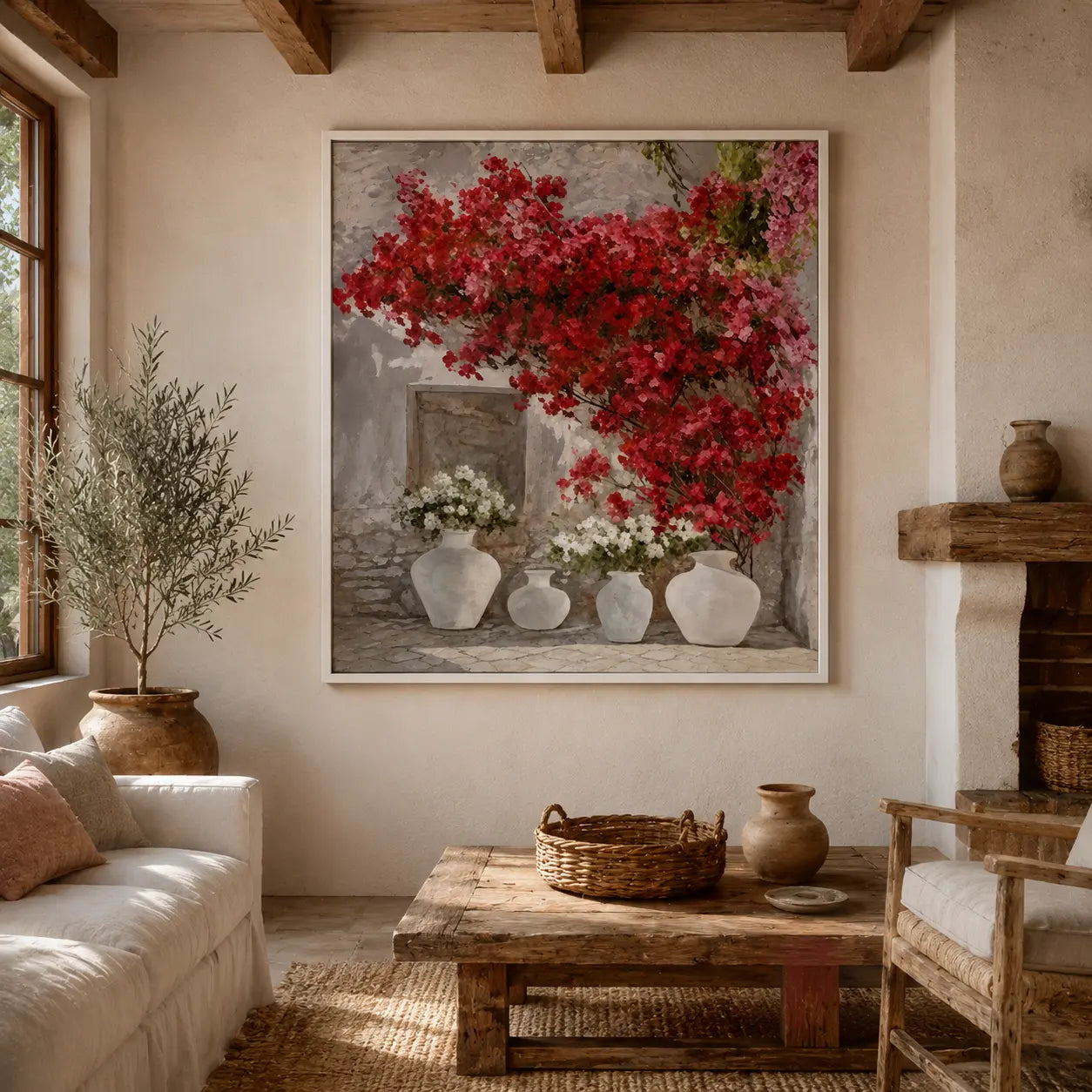 Mediterranean Red Bougainvillea – Handmade Oil Painting 82x102 cm