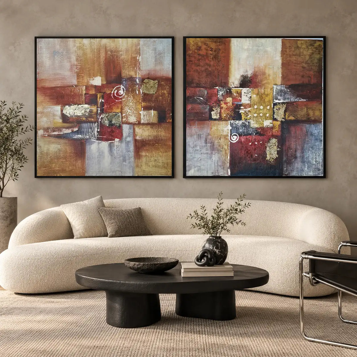 Díptico abstracto al óleo pintado a mano, 2 piezas de 80 × 80 cm