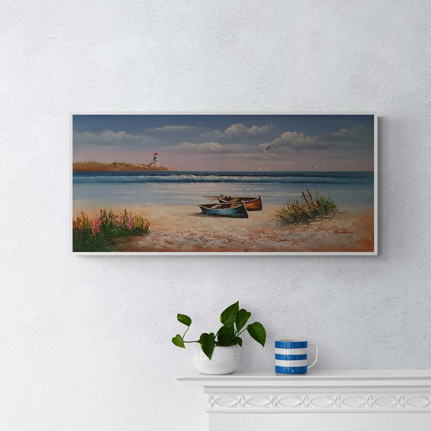 Beach and Lighthouse painting 90x40 cm