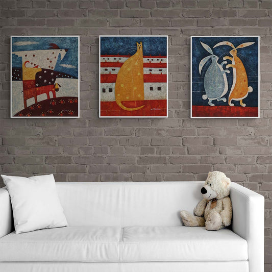 Kinder-Triptychon Gemälde Tiere 50x60 cm [3 Stück]