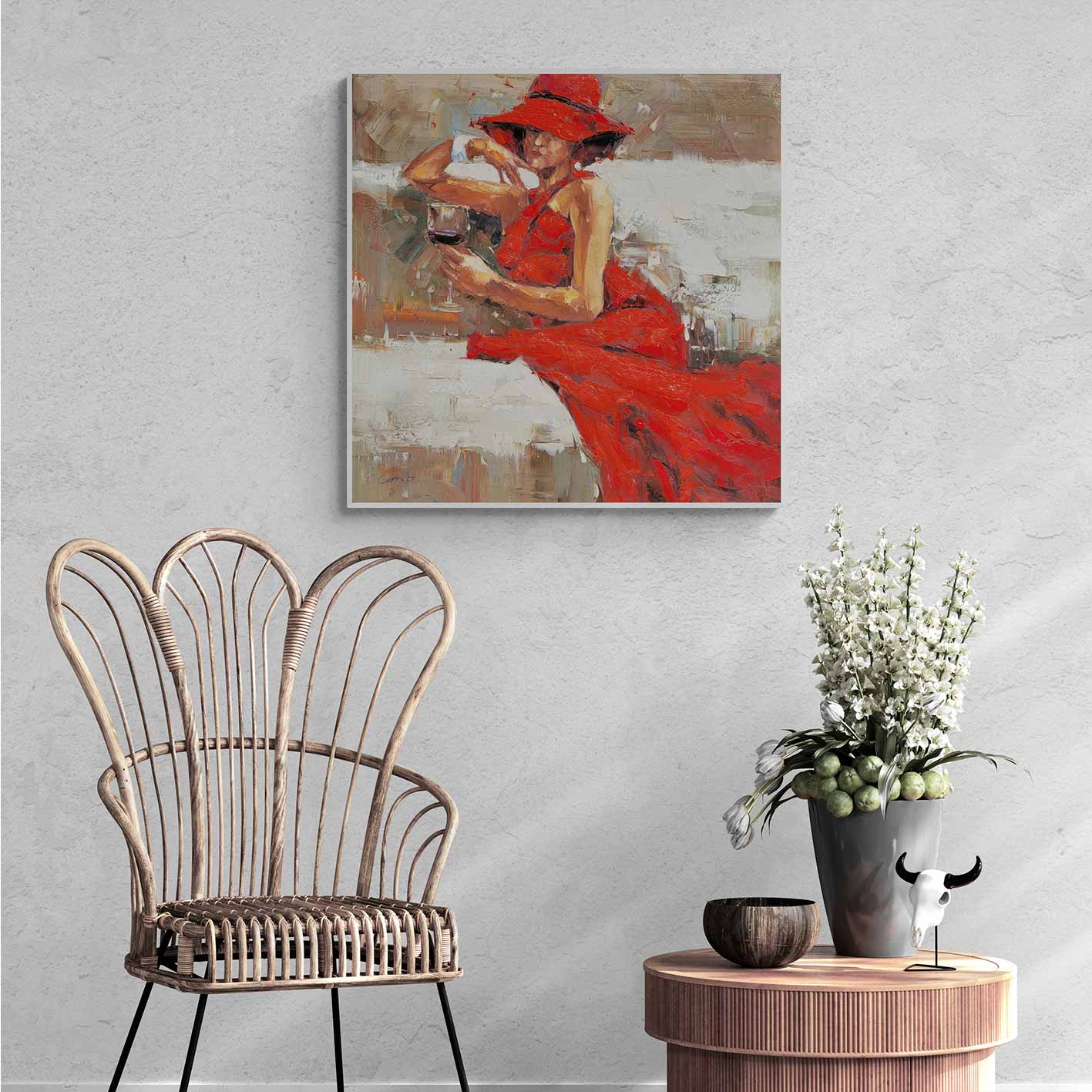 Pintura Mujer de Rojo 80x80 cm