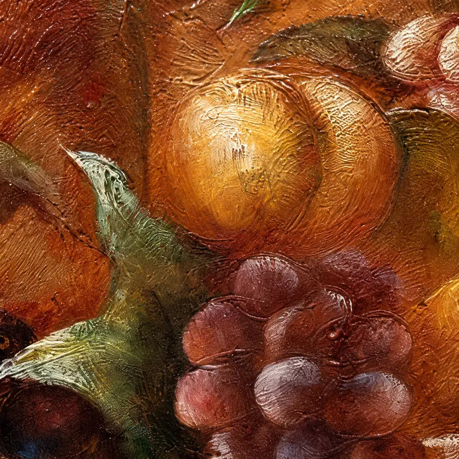 Detalle textura óleo bodegón pintado a mano 60x50 cm uvas y naranjas