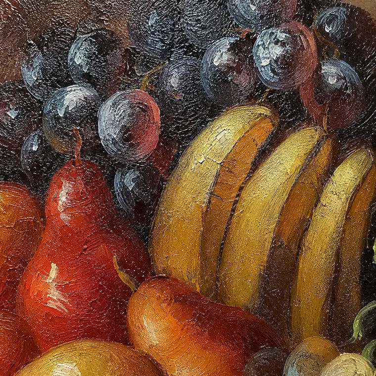 Detalle textura bodegón copa de frutas al óleo, uvas y plátanos pintados a mano