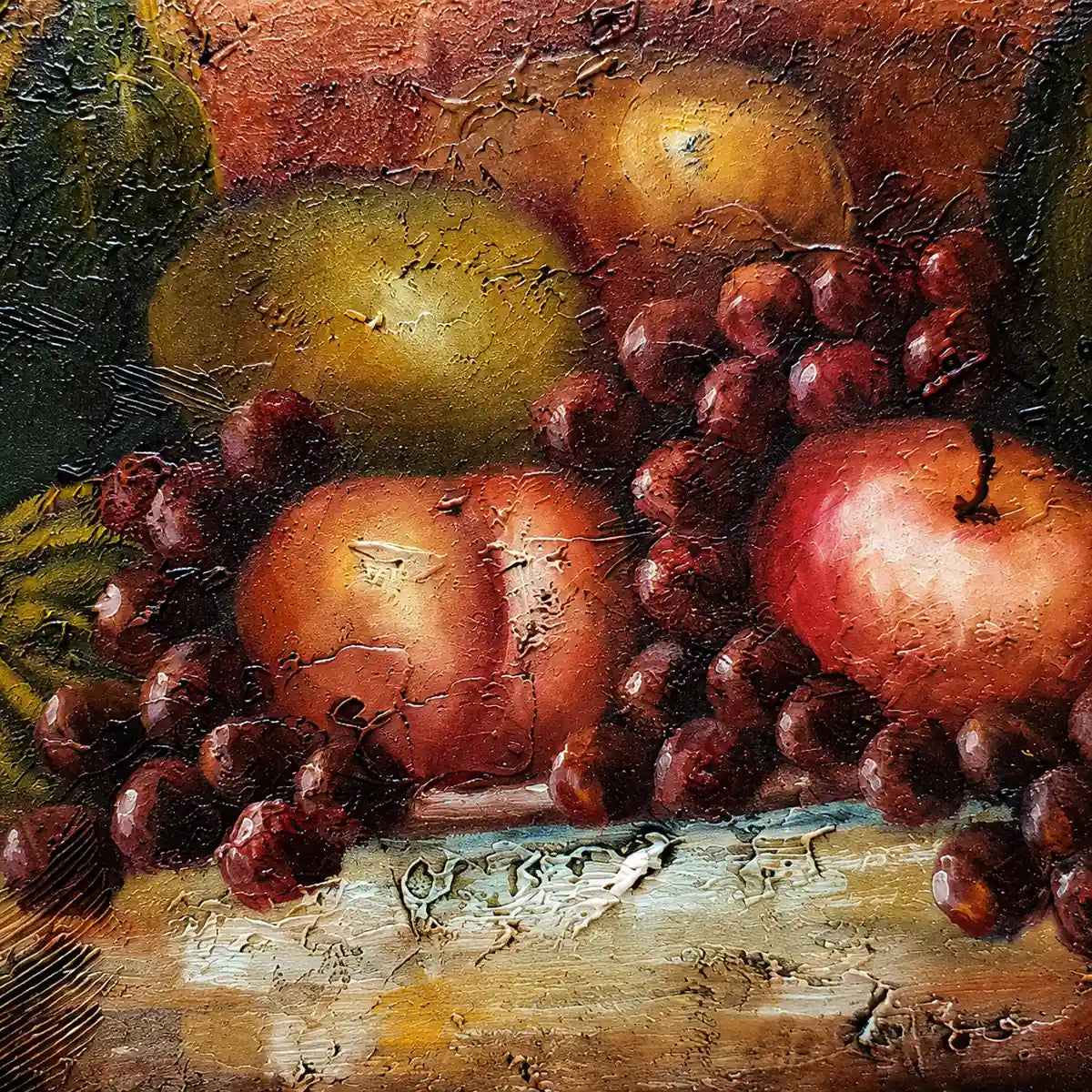 Detalle textura bodegón frutas al óleo pintado a mano