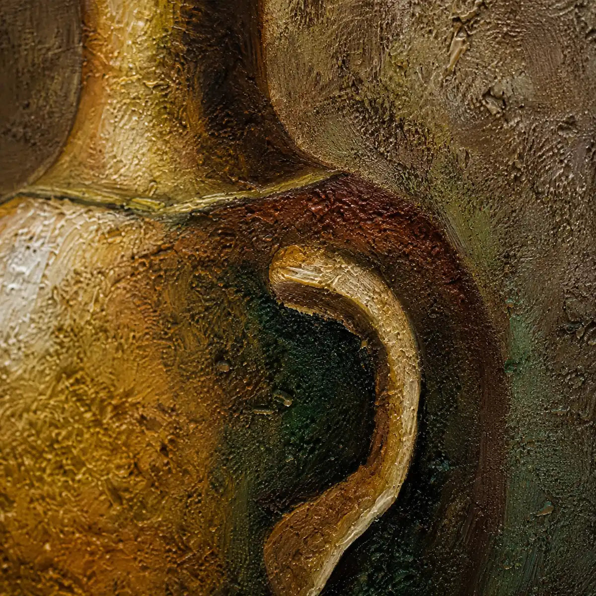 Detalle textura óleo pintado a mano bodegón jarrones primer plano pincelada relieve