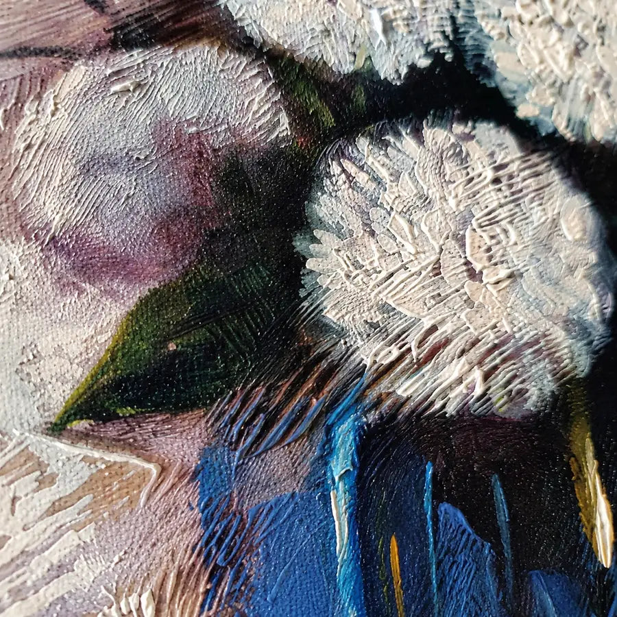 Detalle textura óleo bodegón pintado a mano 50×60 cm jarrón azul