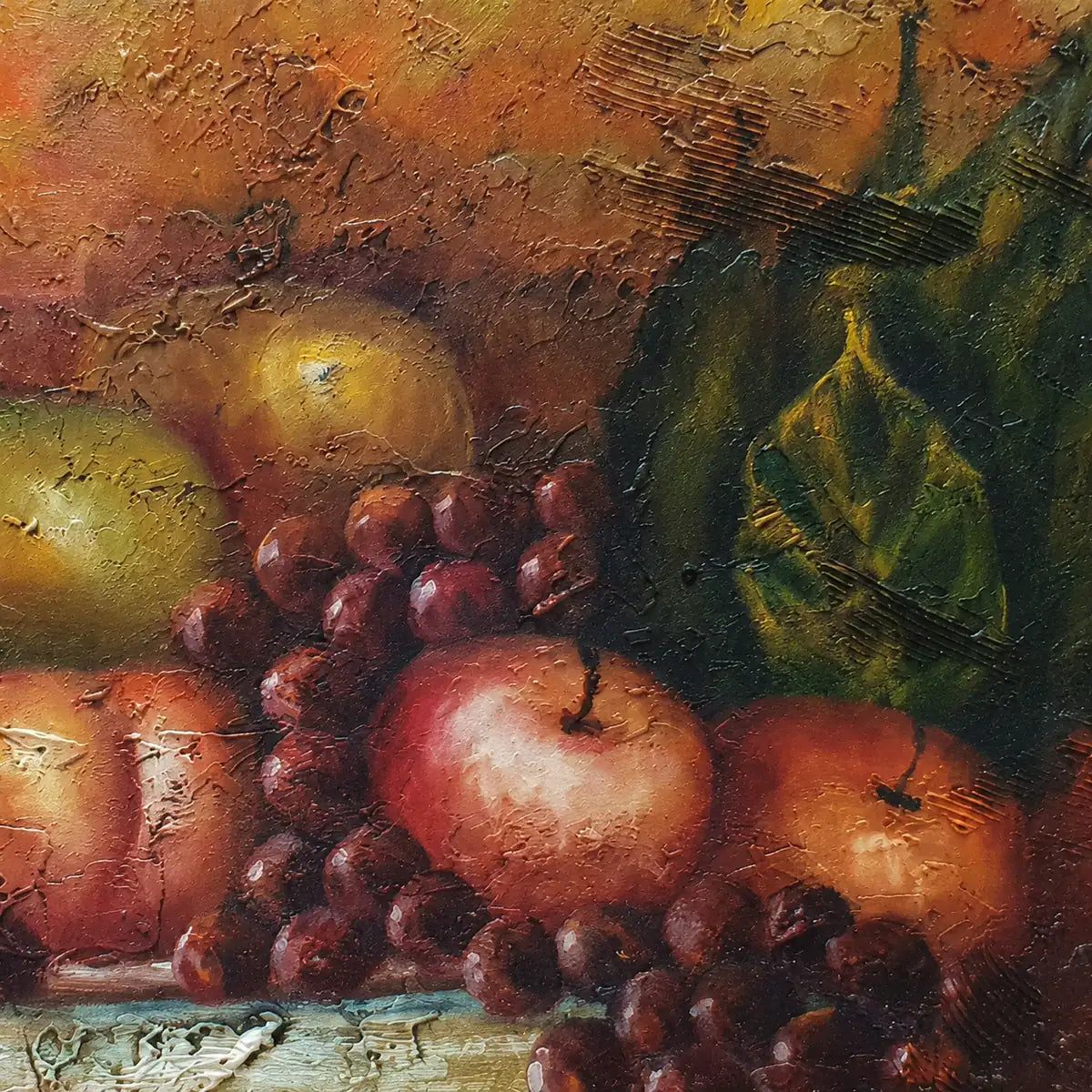 Detalle relieve bodegón frutas al óleo pintado a mano
