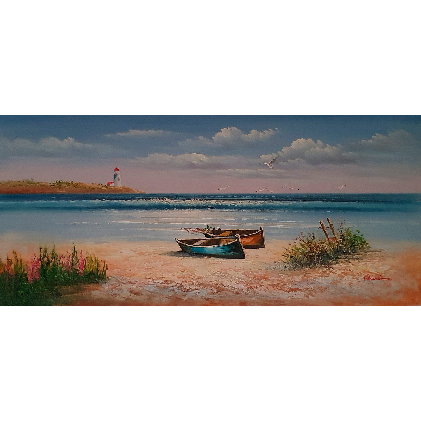 Beach and Lighthouse painting 90x40 cm