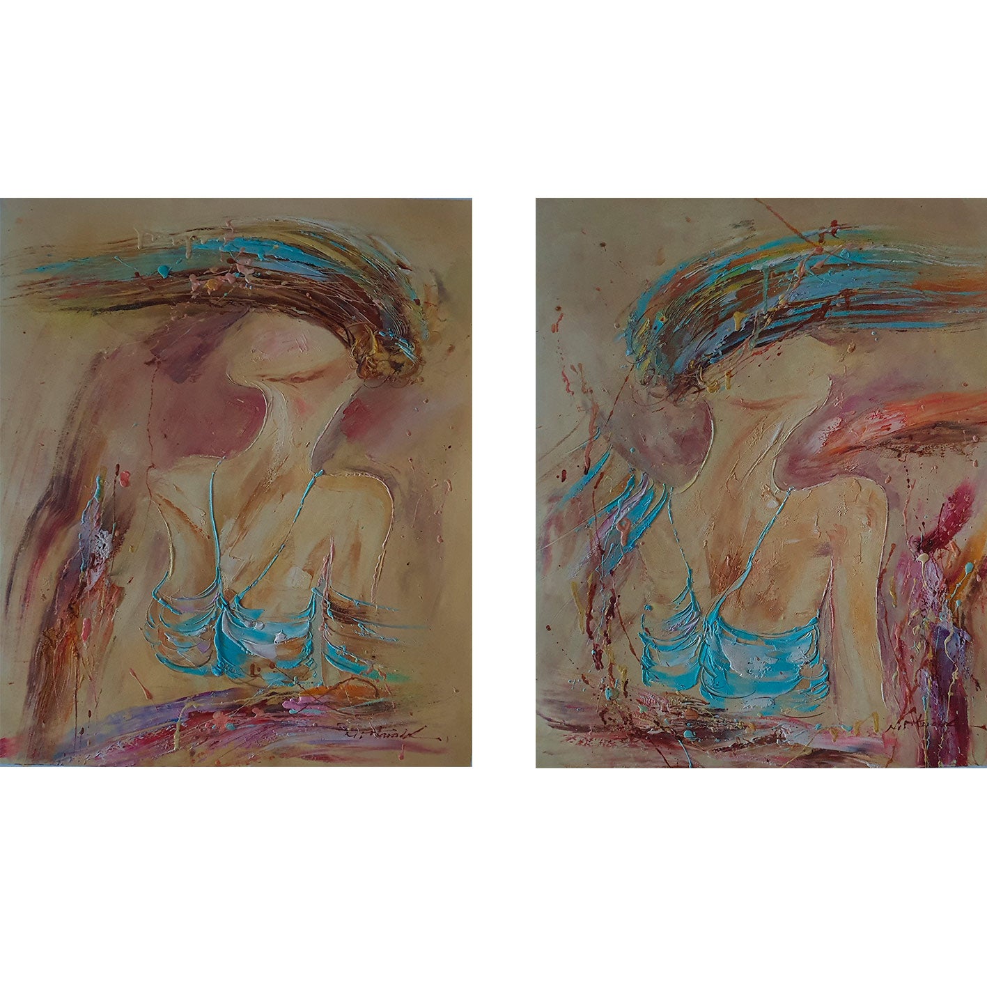 Abstrakte Frau Diptychon Gemälde 50X60 cm [2 Stück]