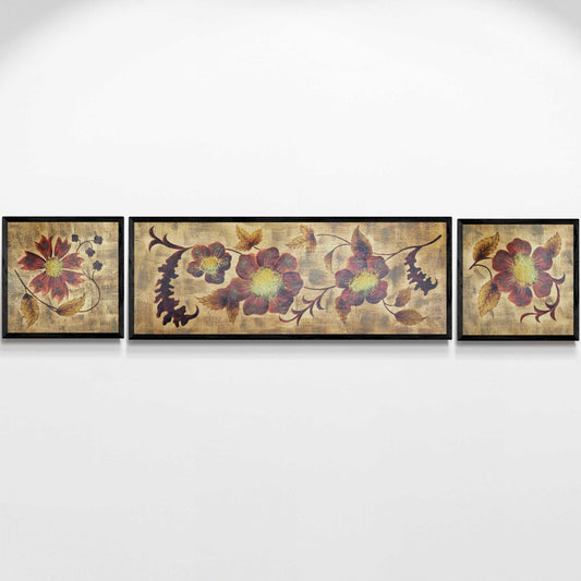 Triptych Painting Gold Flower Decoration 200x40 cm