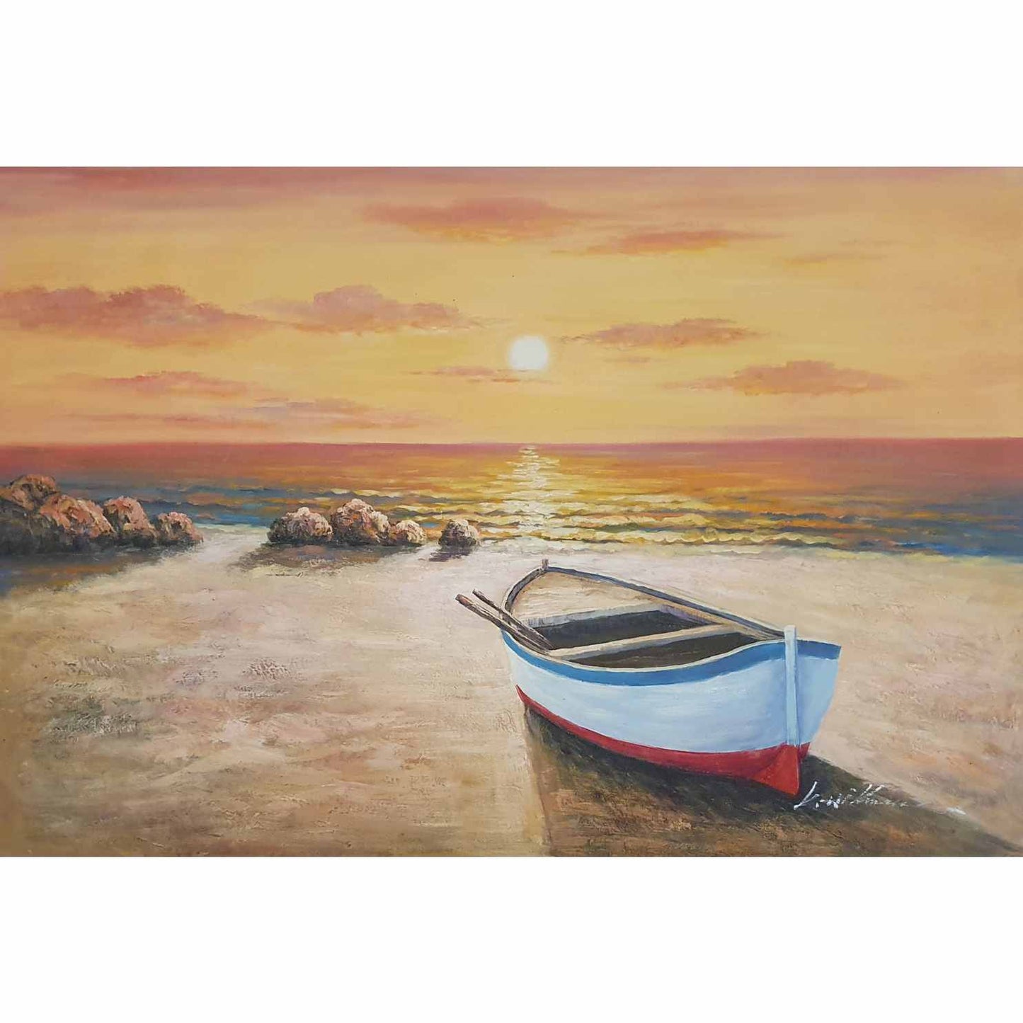 Pintura las Barcas, la Playa y el Atardecer 90x60 cm