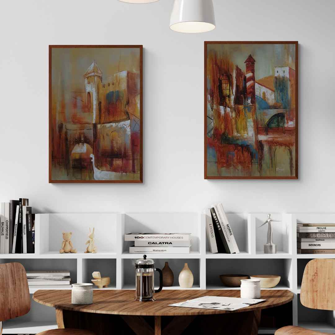 Abstraktes Stadt-Diptychon-Gemälde 60x90 cm [2 Stück]