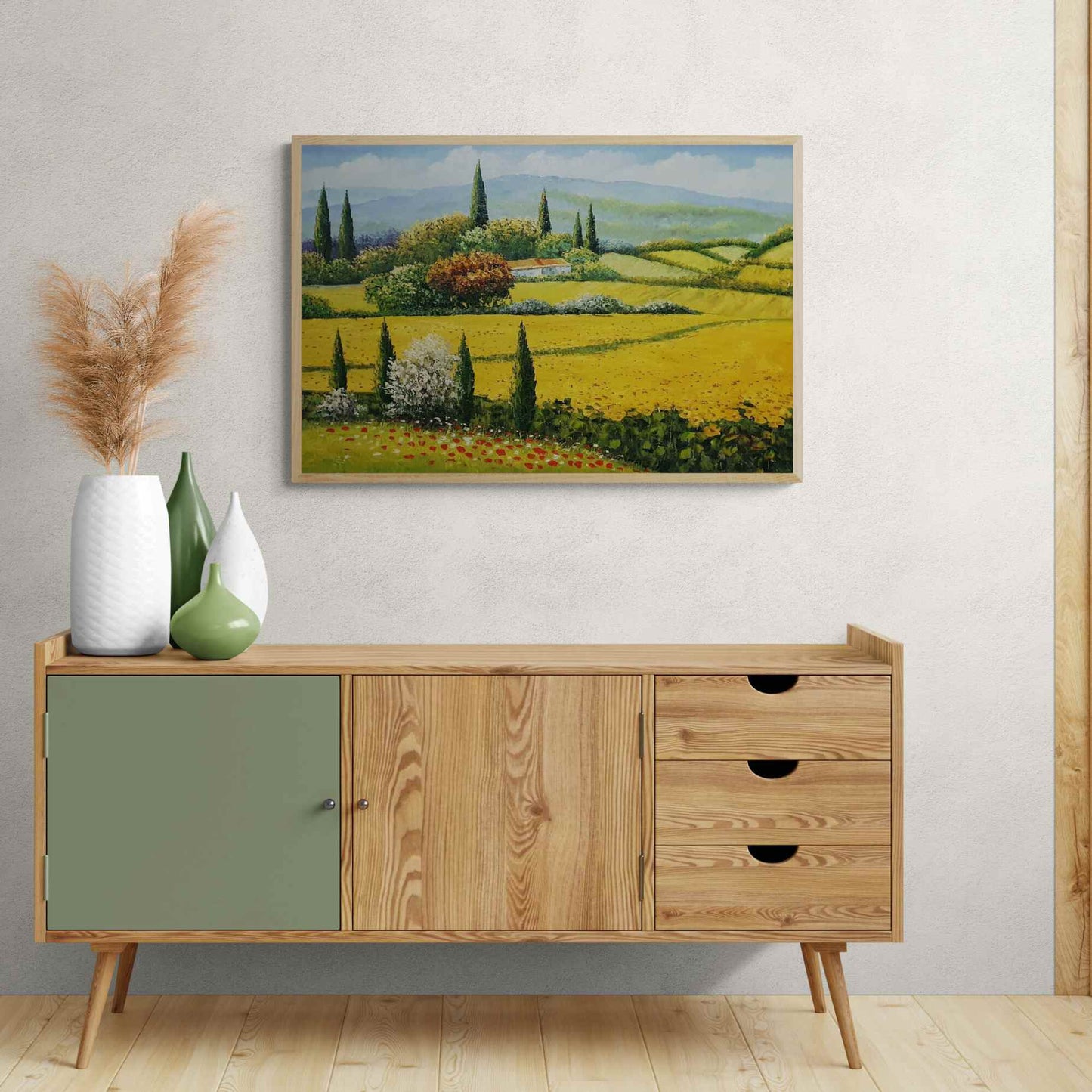 Ölgemälde „Sonnenblumenfelder in der Toskana“, handgemalt, 90 x 60 cm