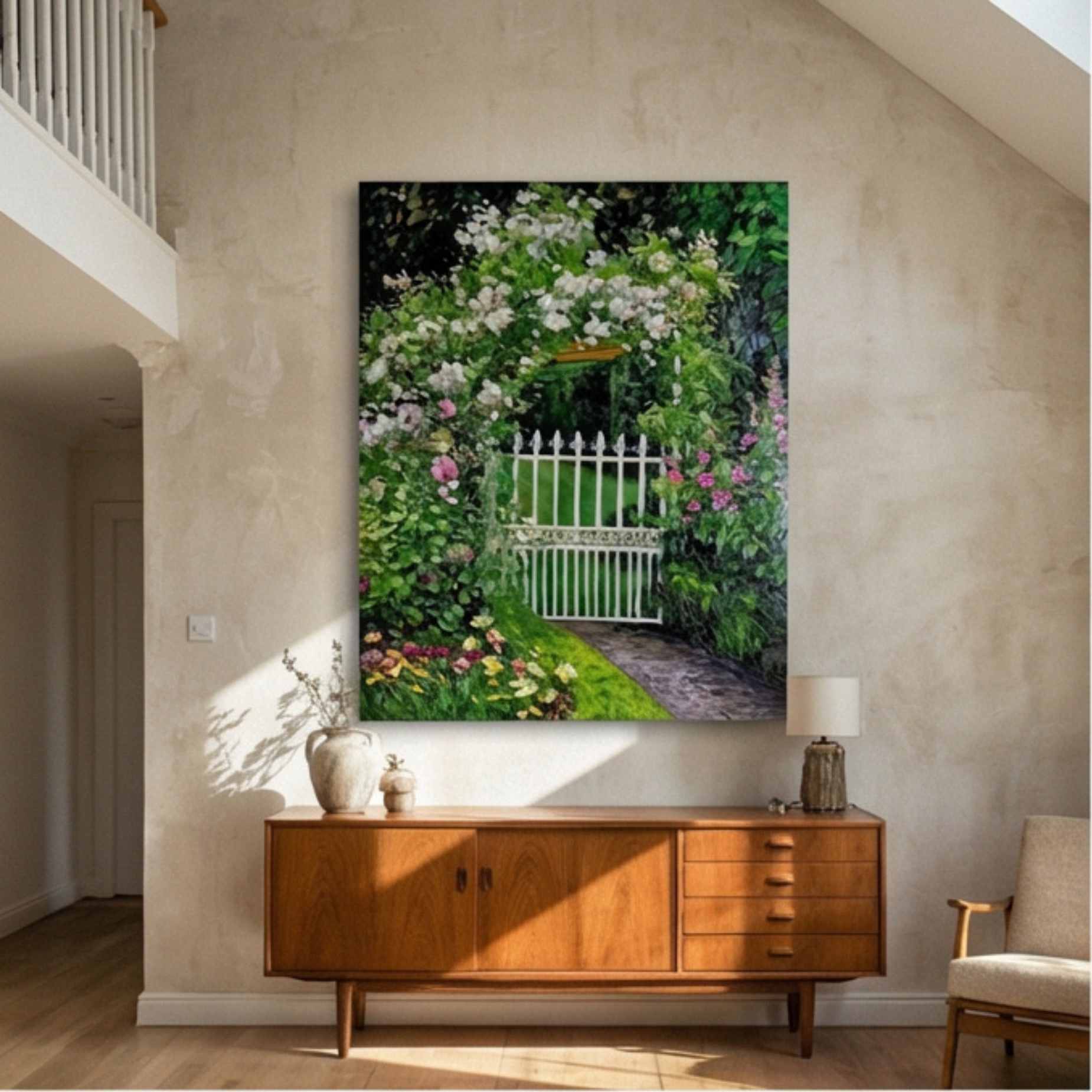 Puerta Blanca en Jardín Florido lienzo premium de jardín con sendero y vegetación