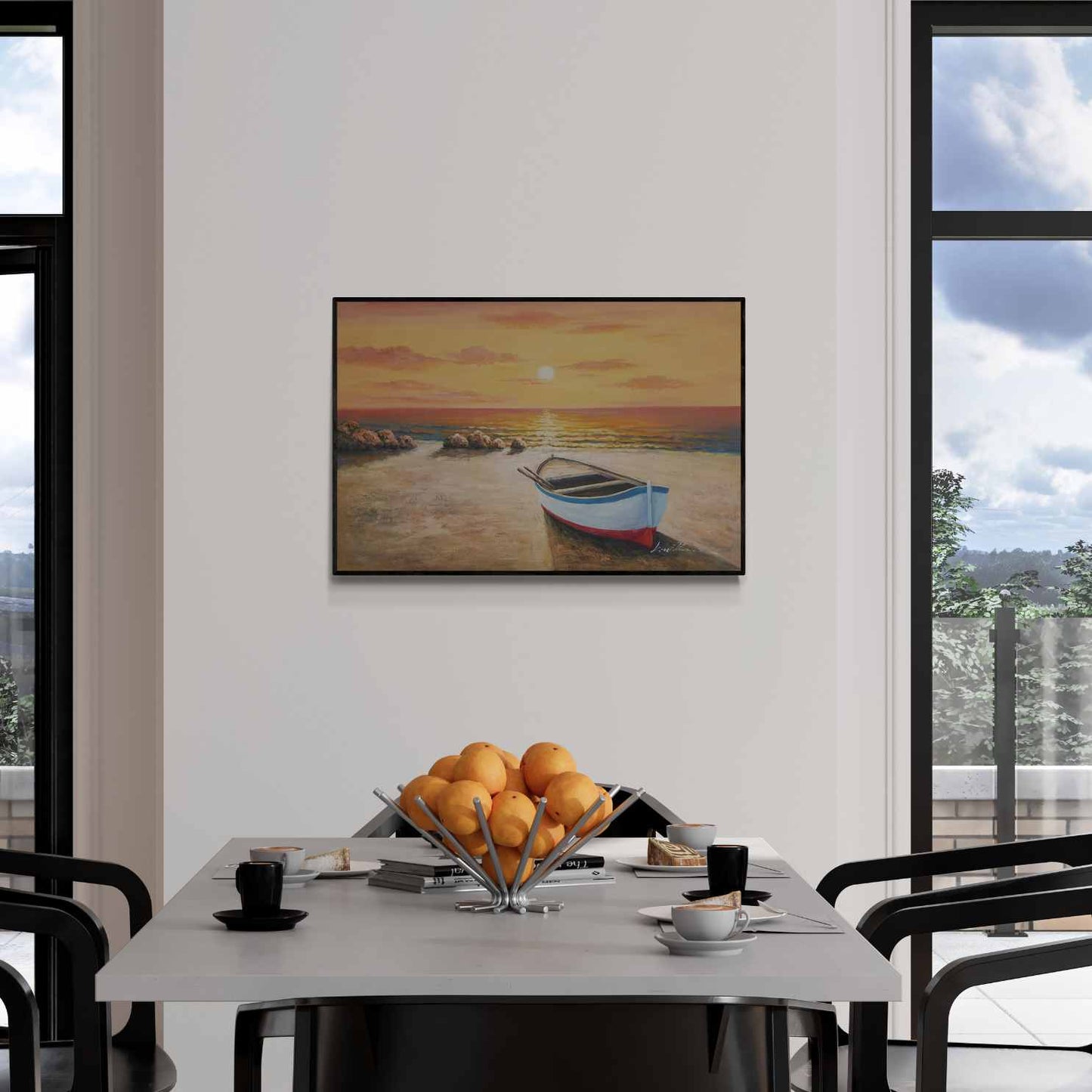 Gemälde der Boote, des Strandes und des Sonnenuntergangs 90x60 cm