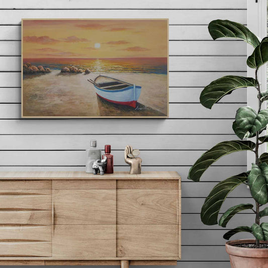 Gemälde der Boote, des Strandes und des Sonnenuntergangs 90x60 cm