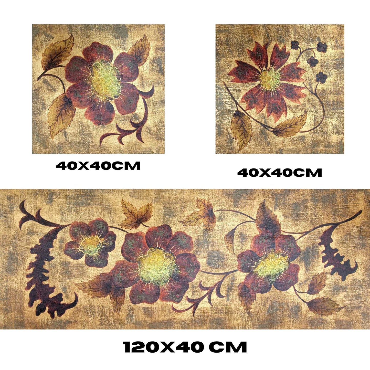 Triptych Painting Gold Flower Decoration 200x40 cm