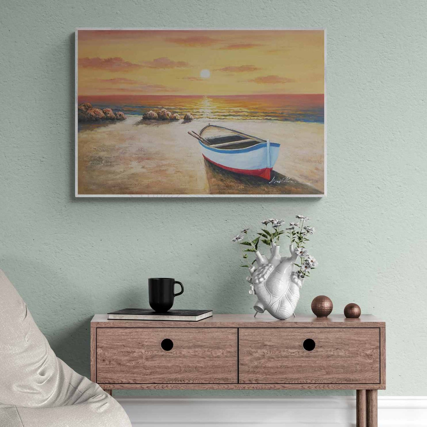 Pintura las Barcas, la Playa y el Atardecer 90x60 cm