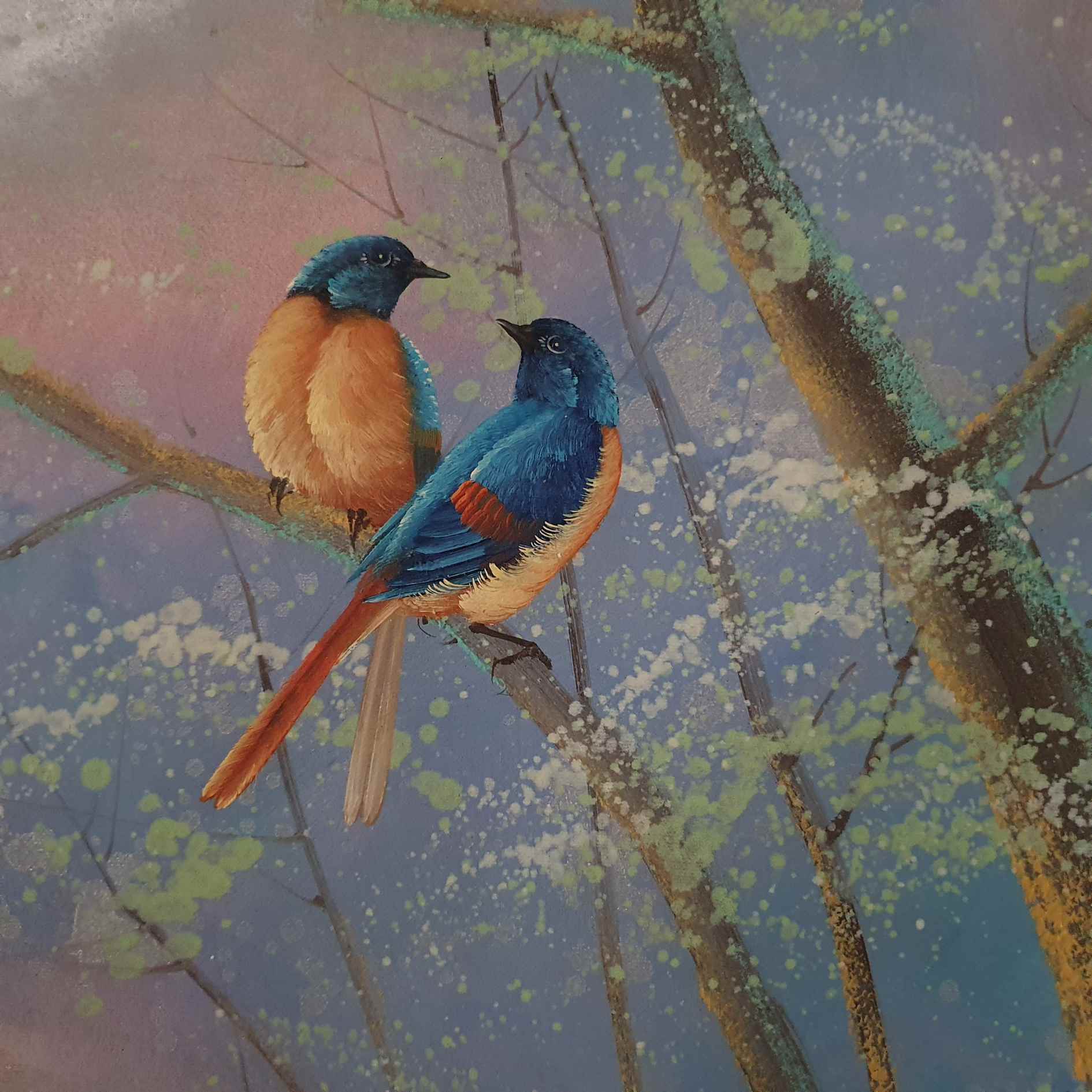 díptico decorativo con pájaros en árbo