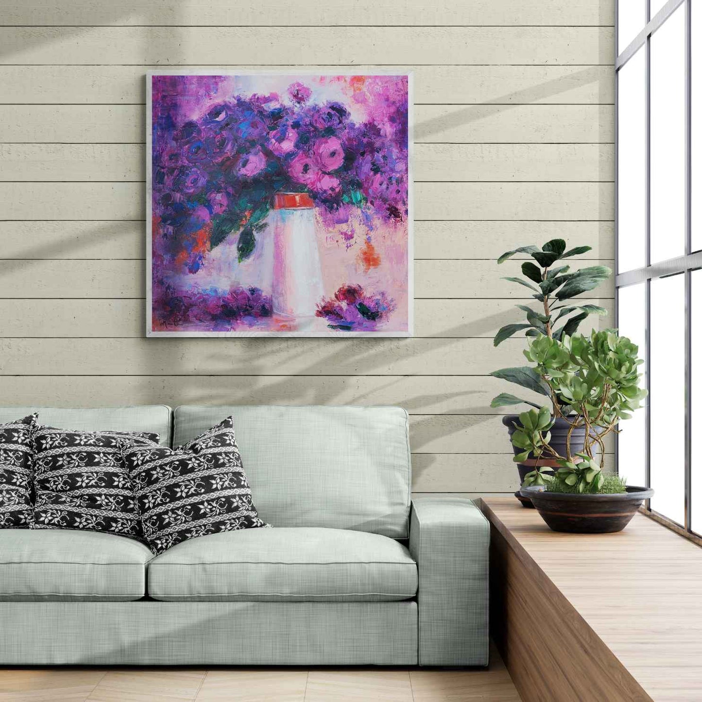 Pintura Jarrón Violetas 90x90 cm