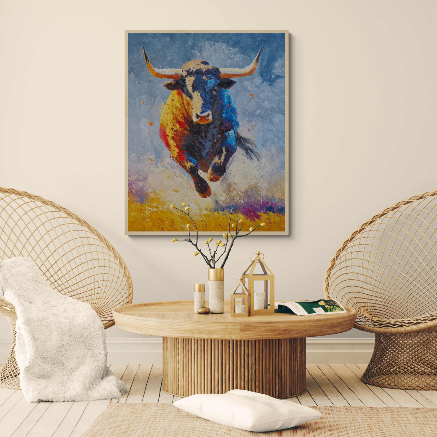 Arte de toro en movimiento sobre fondo colorido