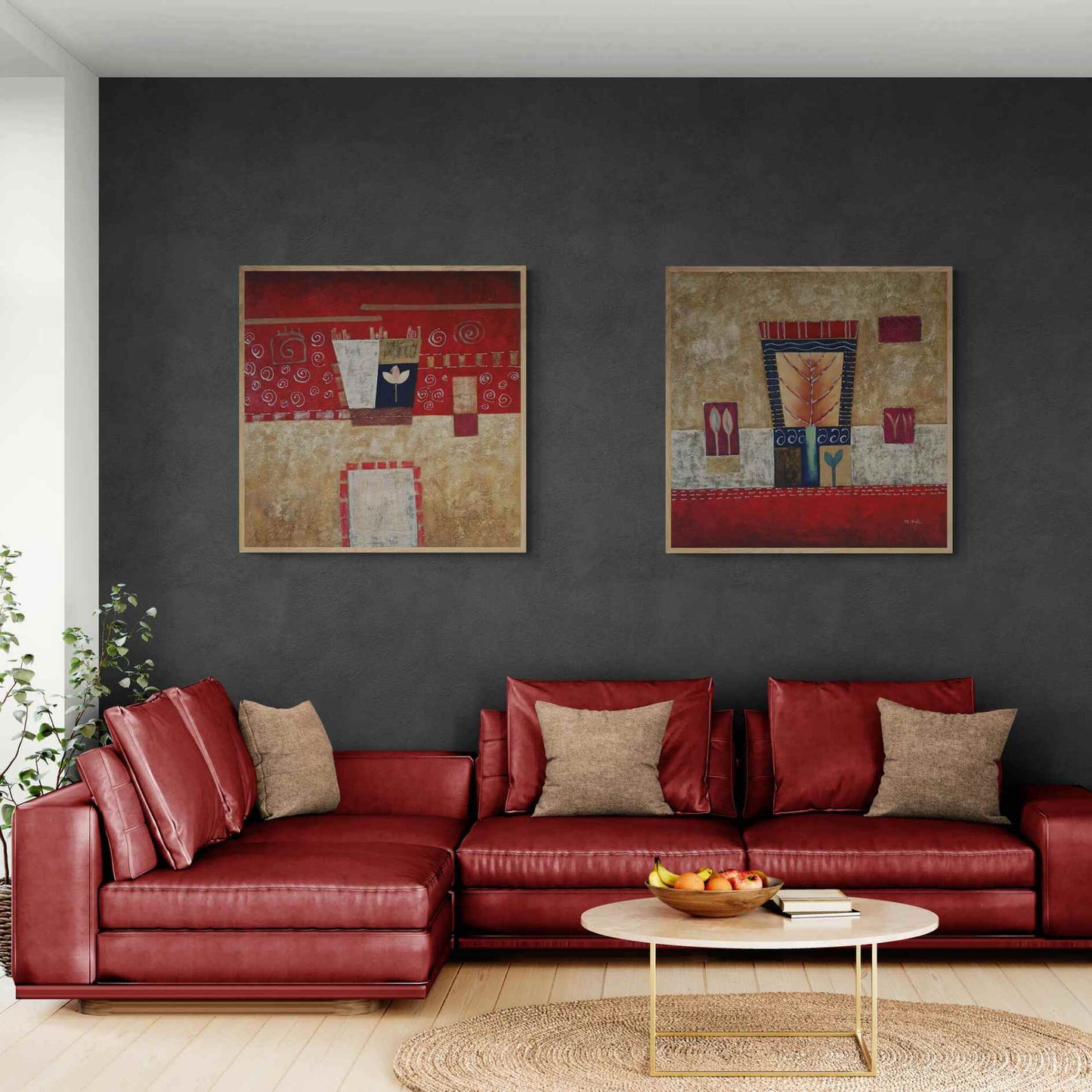 Set de cuadros abstractos en rojo y beige para decoracion