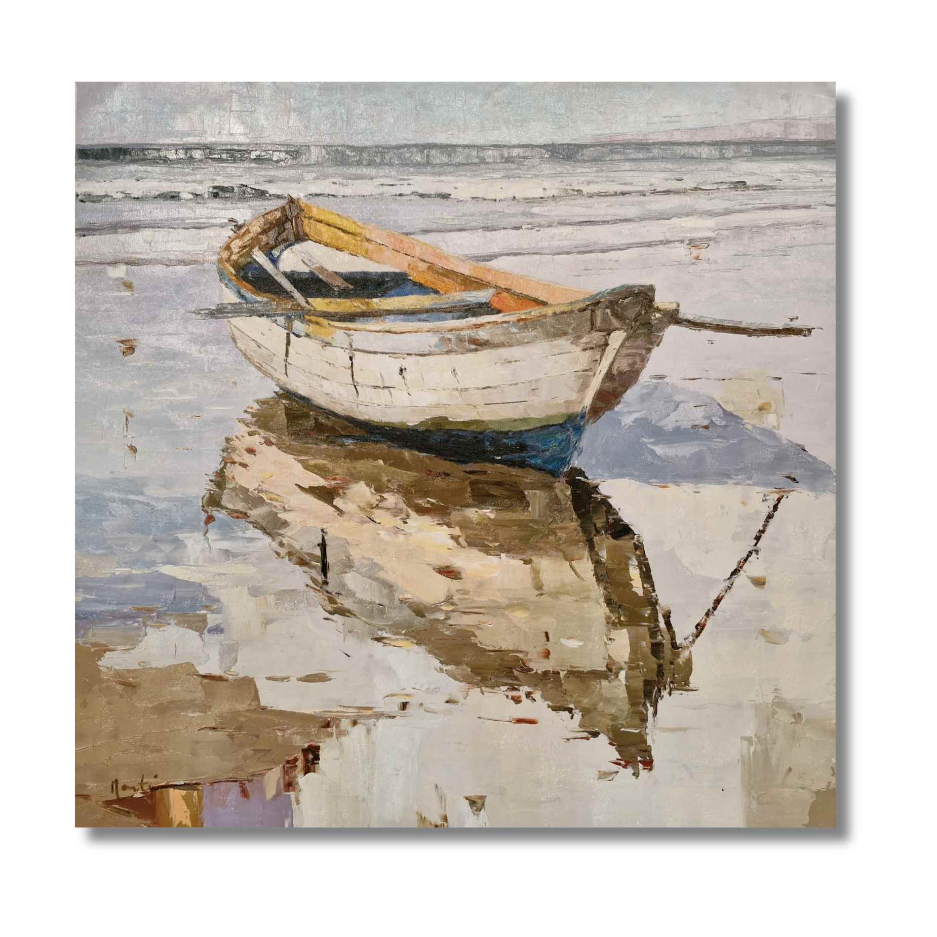 Barca varada al atardecer oleo pintado a mano