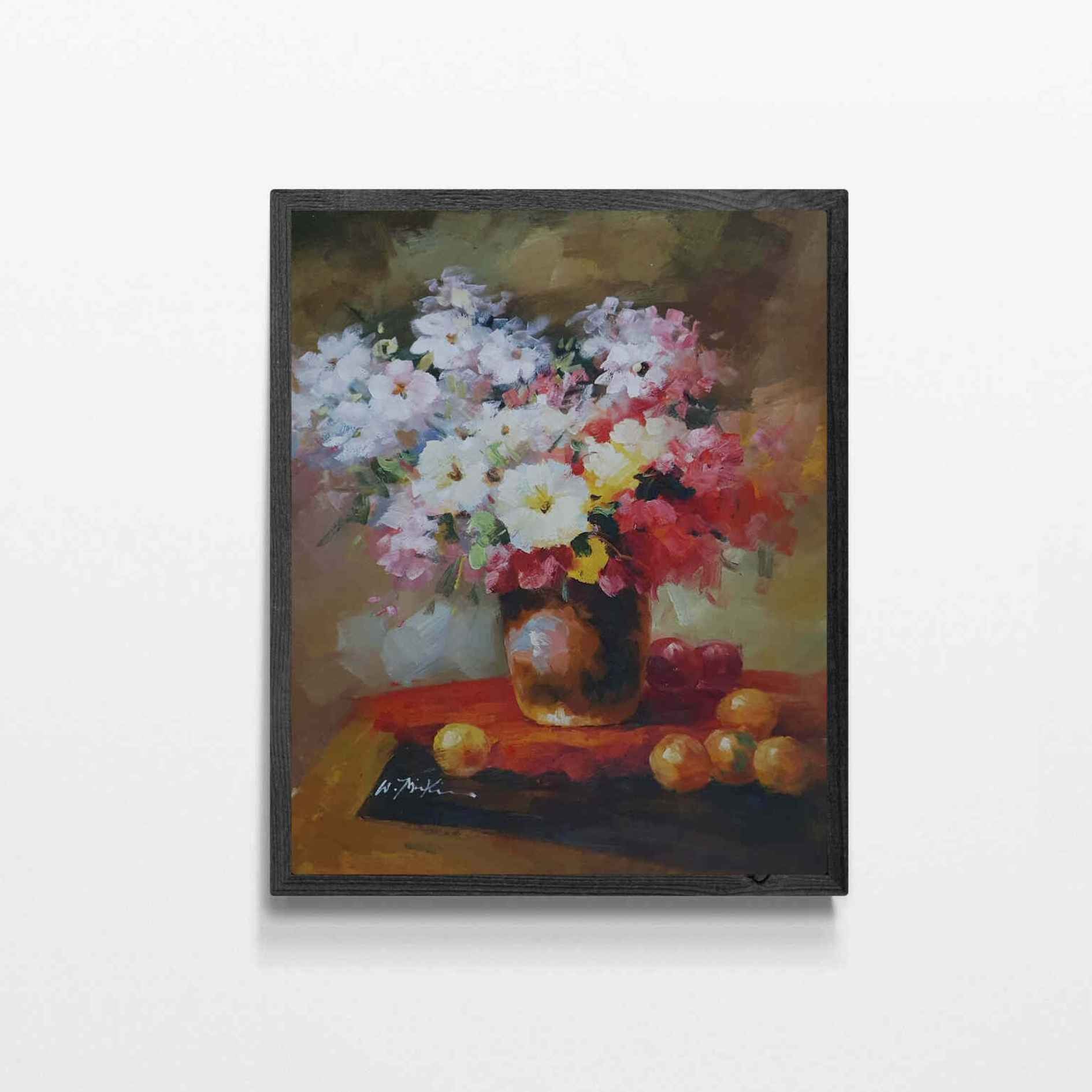 Cuadro de flores al óleo pintado a mano con jarrón y tonos cálidos