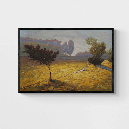 Pintura al oleo de un campo dorado con arboles