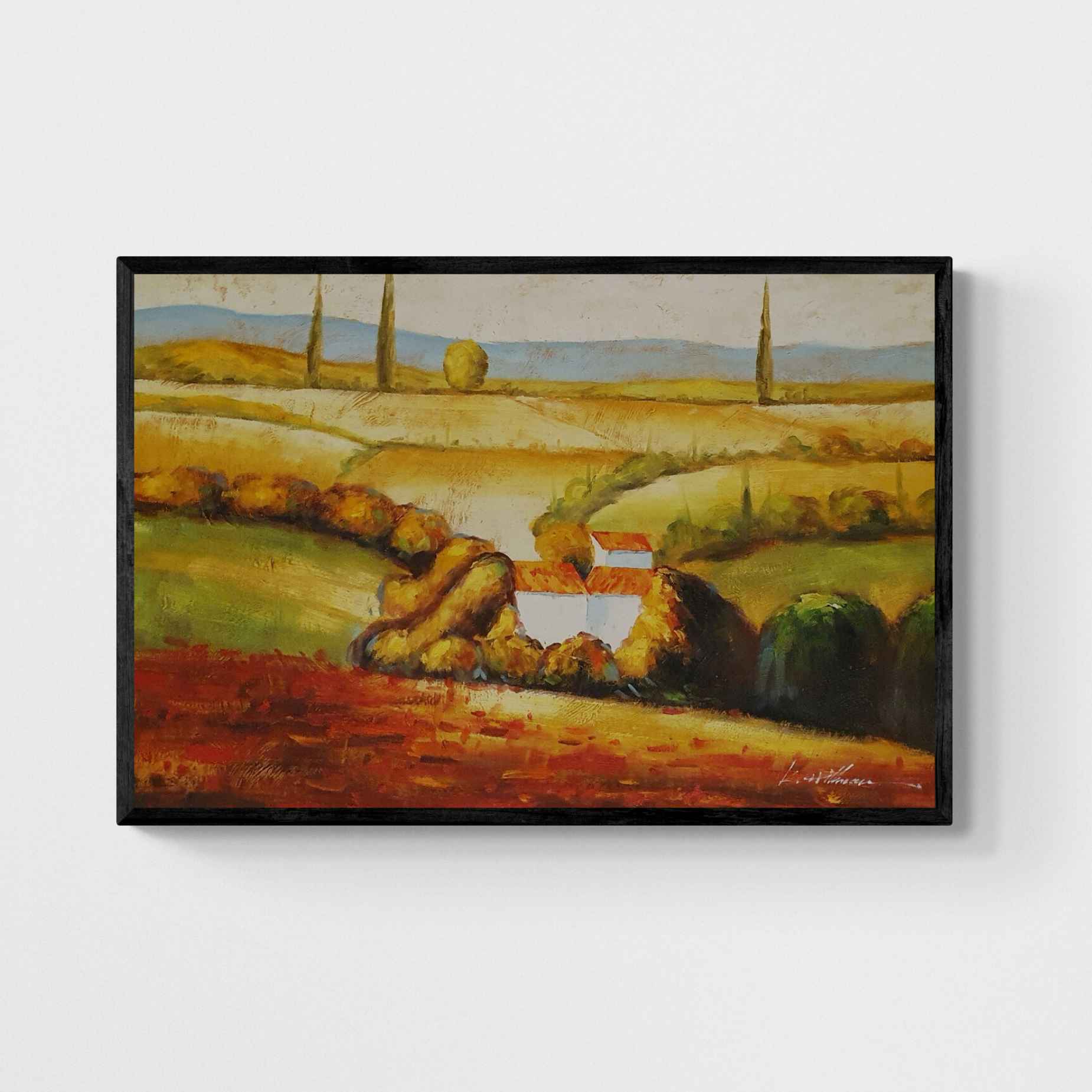 Cuadro al oleo de paisaje toscano con casas y colinas