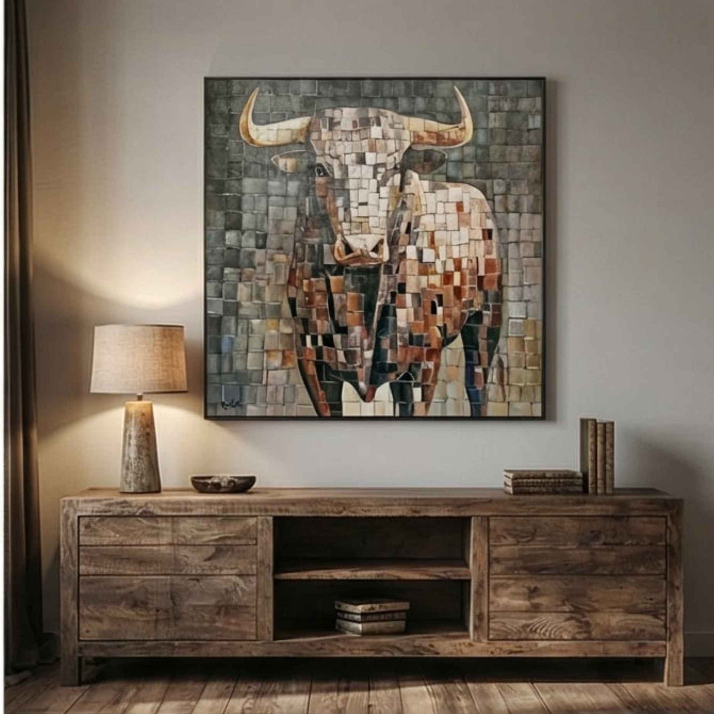 Detalle artístico de cuadro de toro en tonos tierra
