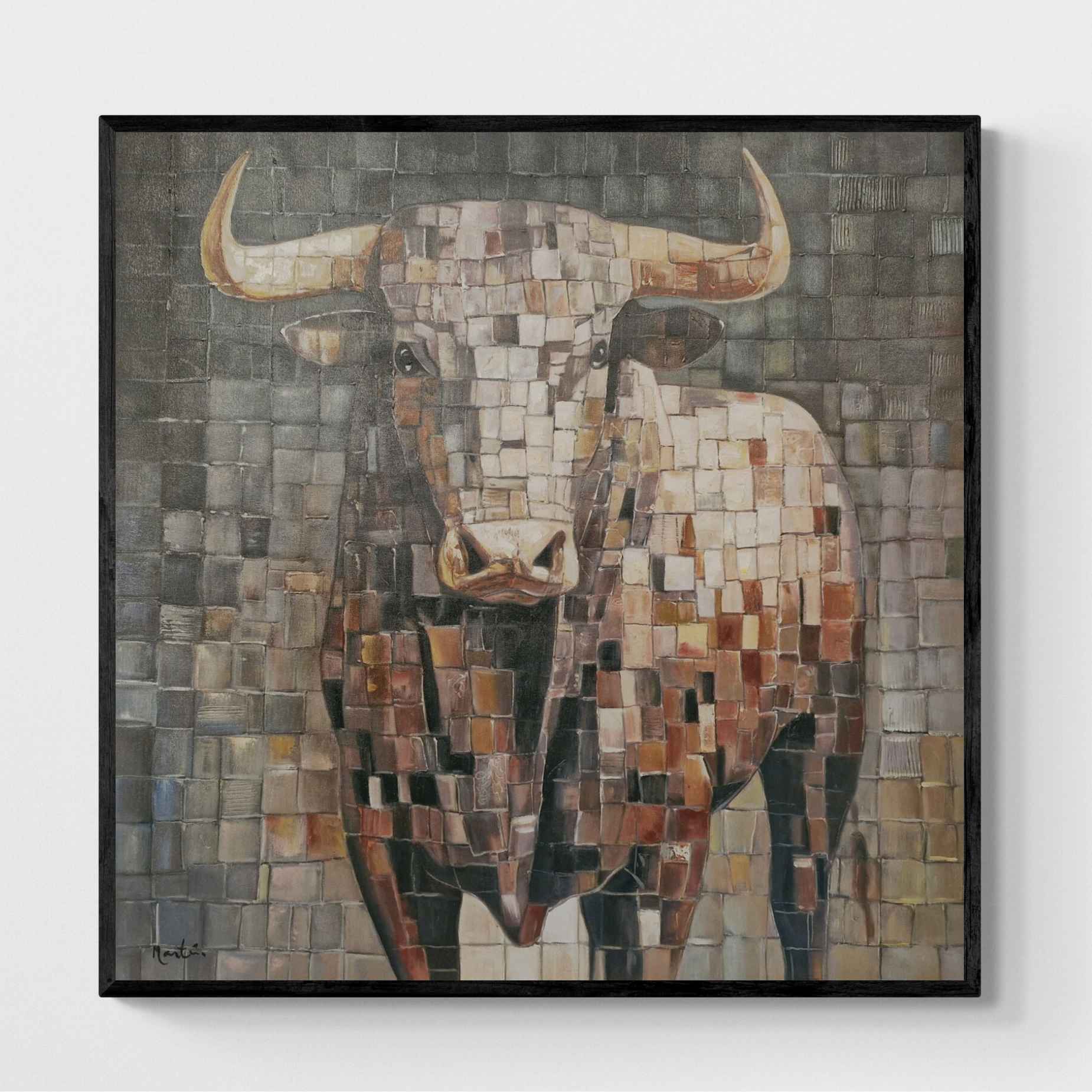 Detalle Pintura al Óleo de Toro en Estilo Mosaico