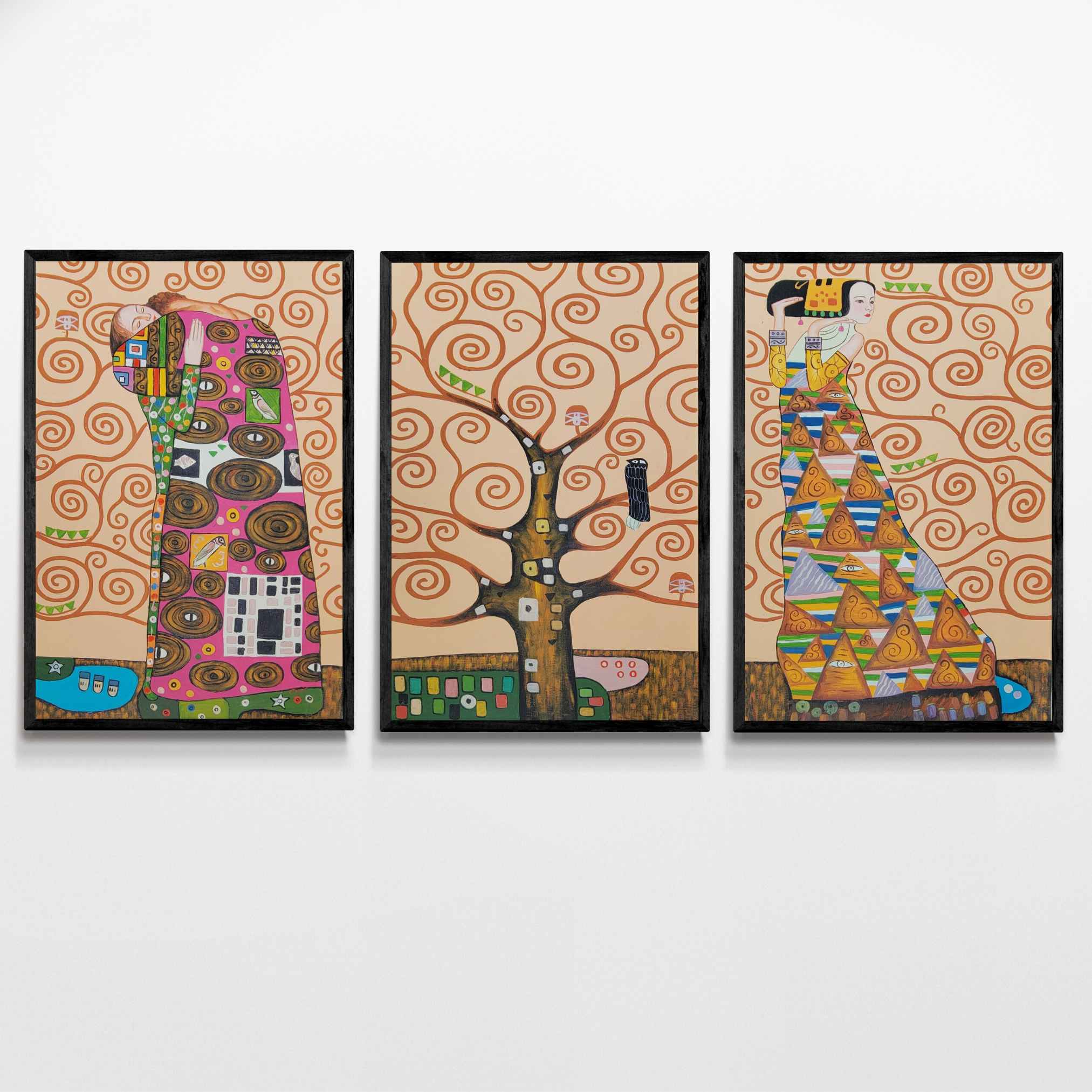 Klimt Style Triptych I Hand-painted Oil on Canvas | 50x75 cm × 3