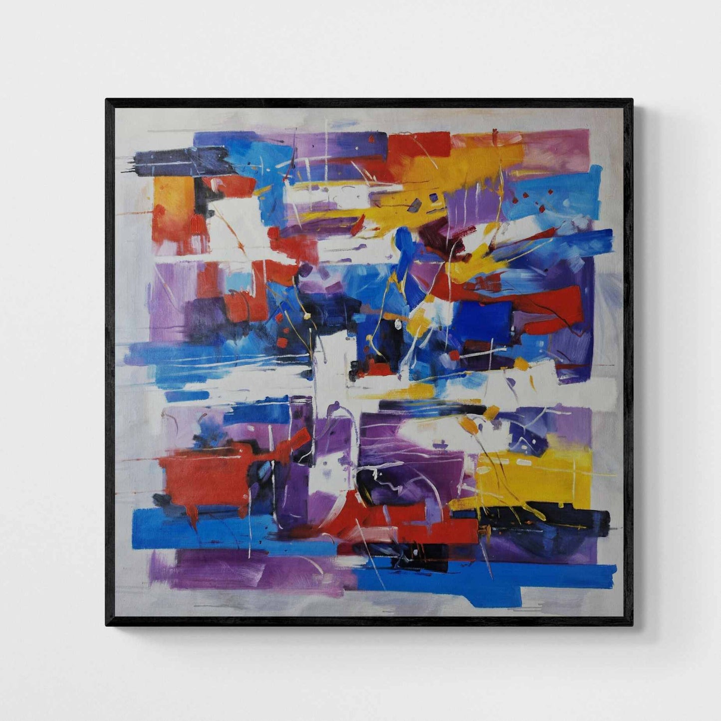 Pintura abstracta al óleo con tonos azules, rojos y amarillos