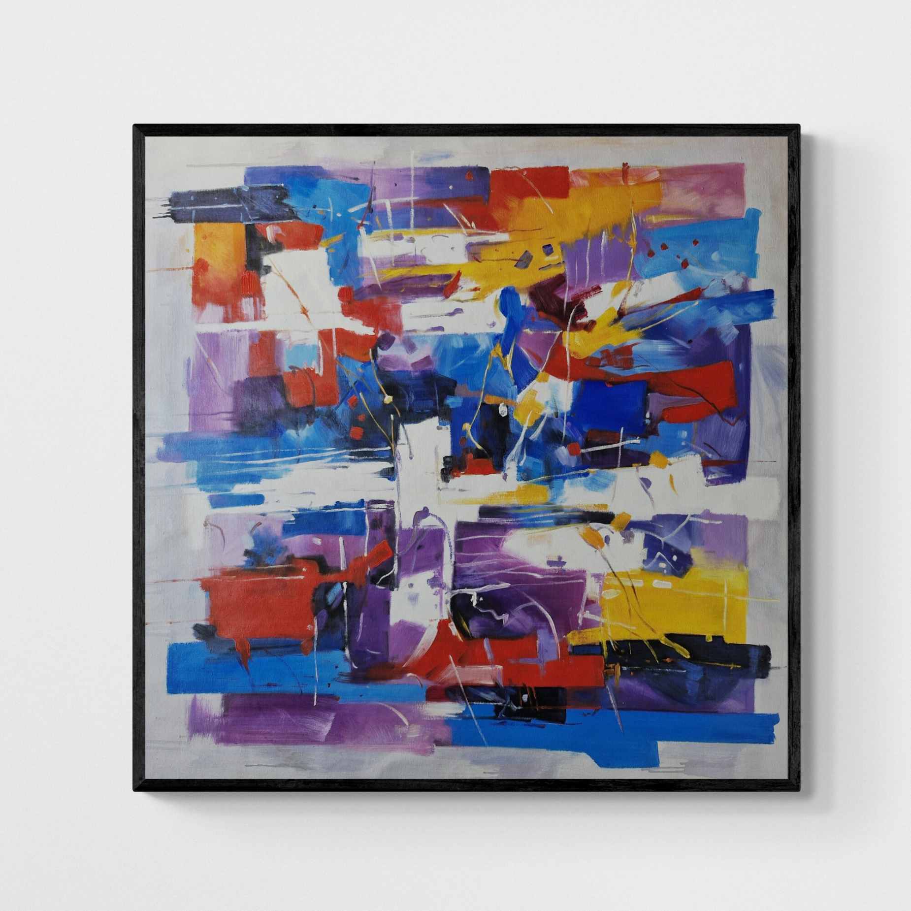 Pintura abstracta al óleo con tonos azules, rojos y amarillos