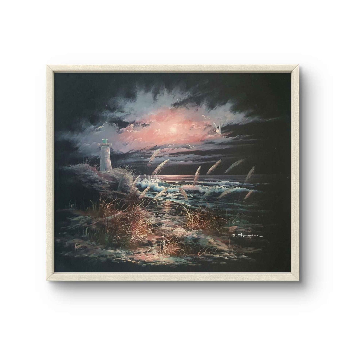 Cuadro al óleo original pintado a mano de marina al atardecer y faro iluminado en formato pequeño de 50x40 cm