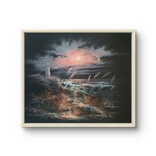 Cuadro al óleo original pintado a mano de marina al atardecer y faro iluminado en formato pequeño de 50x40 cm