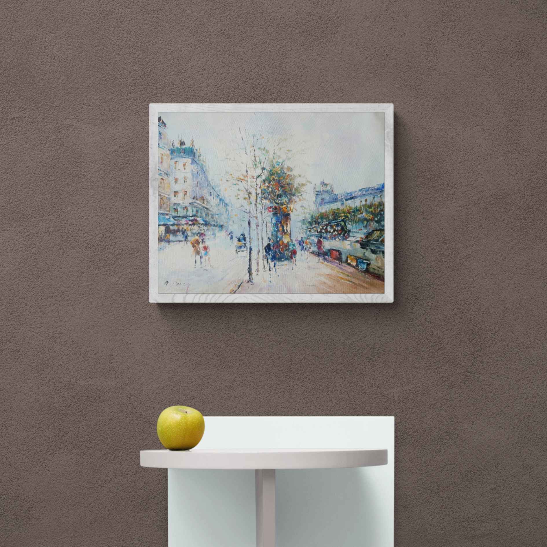 Pintura moderna hecha a mano de París con paseo y árboles coloridos