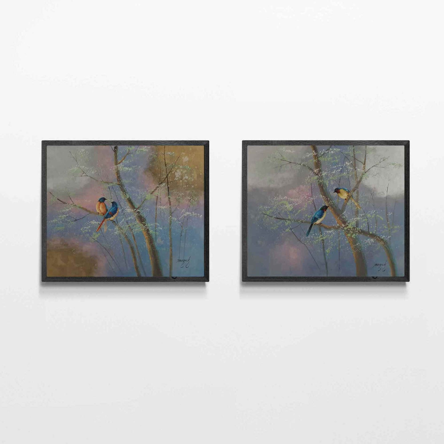 Cuadros pintados a mano con pájaros en ramas