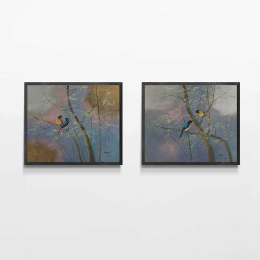 Cuadros pintados a mano con pájaros en ramas