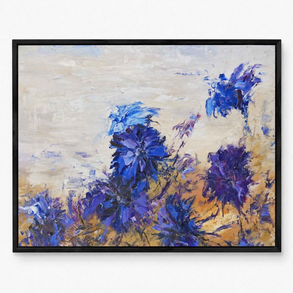 Cuadro al Óleo Azul Floral 100x80 cm, pintado a mano 