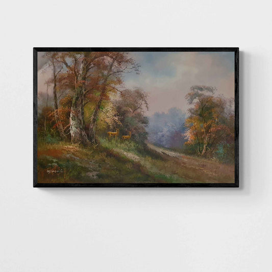 Cuadro de ciervos entre arboles otoñales pintado a mano