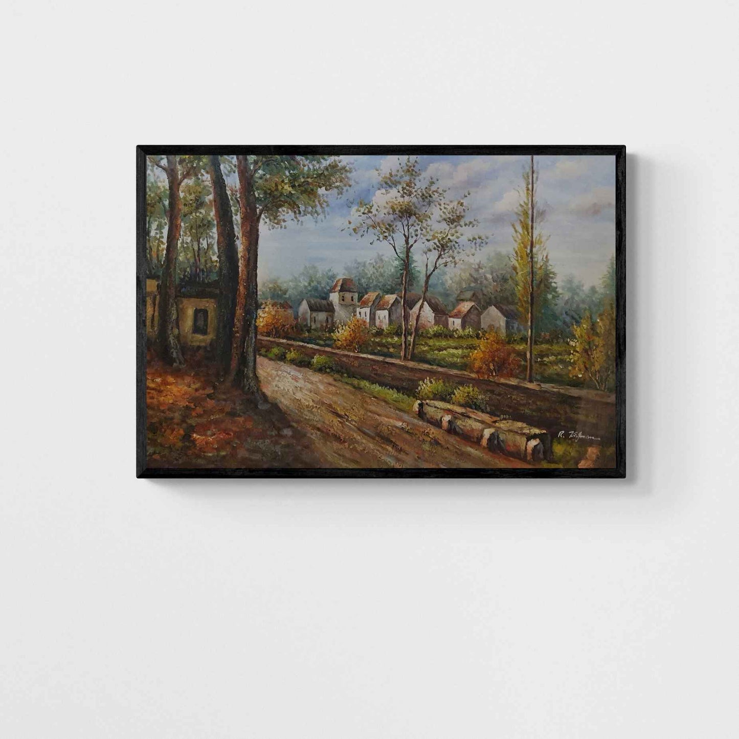 Cuadro pintado a mano de aldea entre árboles y sendero