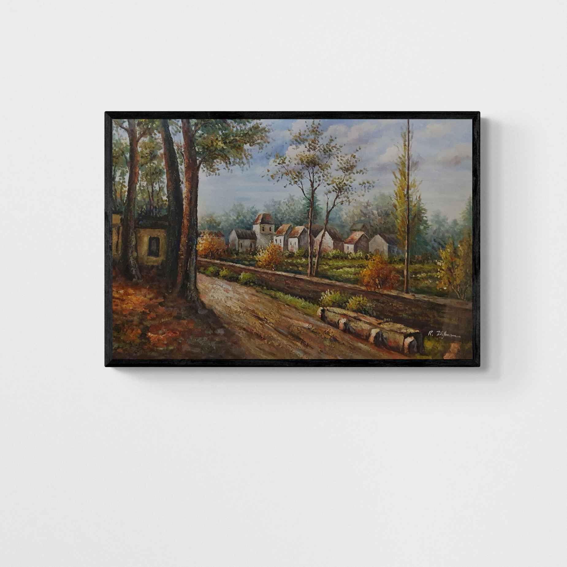 Cuadro pintado a mano de aldea entre árboles y sendero